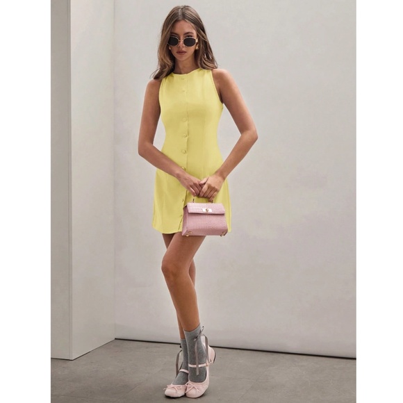 Yellow Short Button Through Mini Dress Sleeveless - Picture 5 of 8